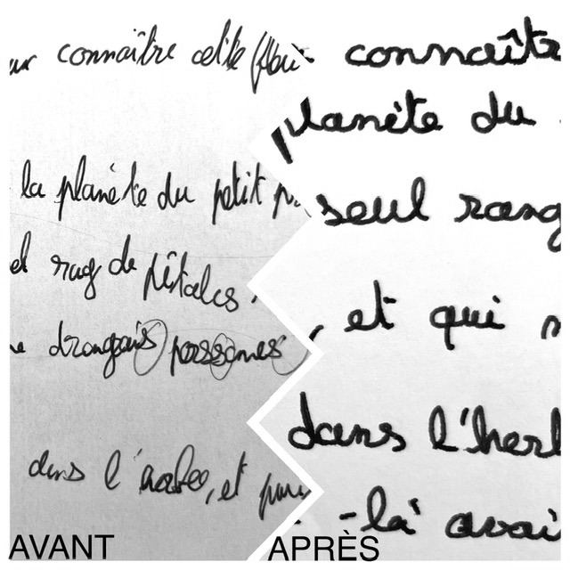 Écriture avant (à gauche, serrée et irrégulière) et après la remédiation (à droite, ronde et lisible)