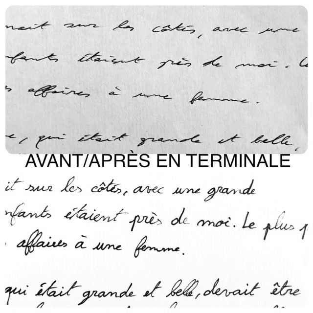 Écriture d'un élève de terminale avant (en haut) et après la remédiation (en bas)