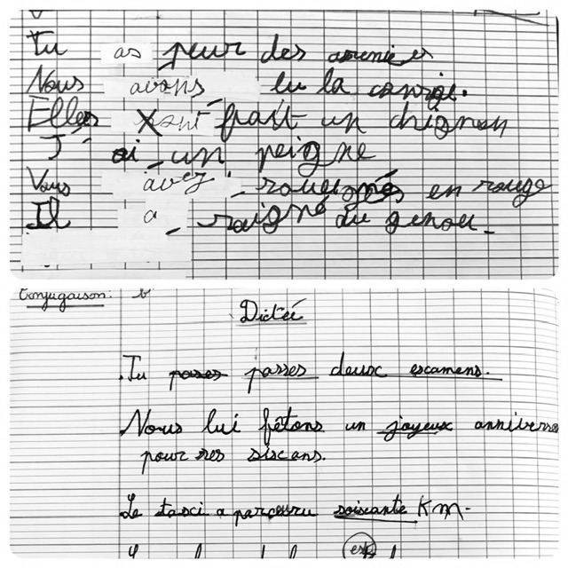 Exercice de conjugaison puis dictée, avant (en haut) et après la remédiation (en bas)