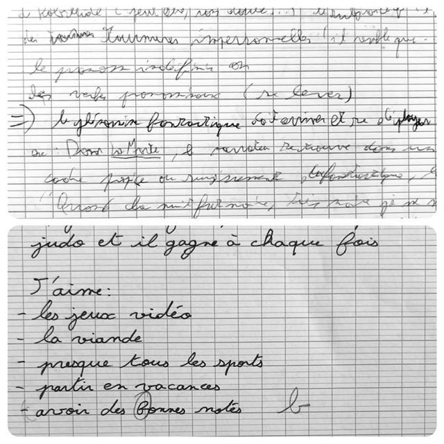 Notes de cours peu lisibles avant (en haut), liste « J'aime » en écriture régulière après (en bas)