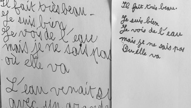 Même texte copié avant (à gauche, grandes lettres irrégulières) et après la remédiation (à droite)