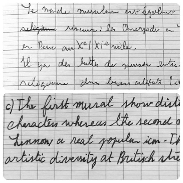 Cours d'histoire avant (en haut) et devoir d'anglais après la remédiation (en bas)