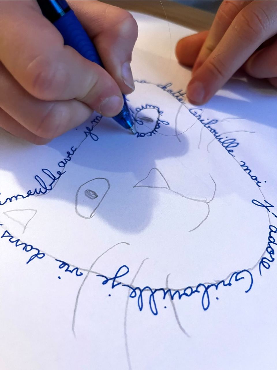 Enfant écrivant une phrase en spirale autour du dessin d'un chat, au stylo bleu
